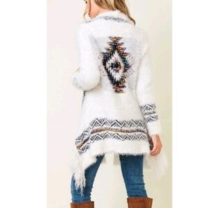 Northern Angel White Soft Fuzzy Aztec Print Open Cardigan Sweater Women's Size L